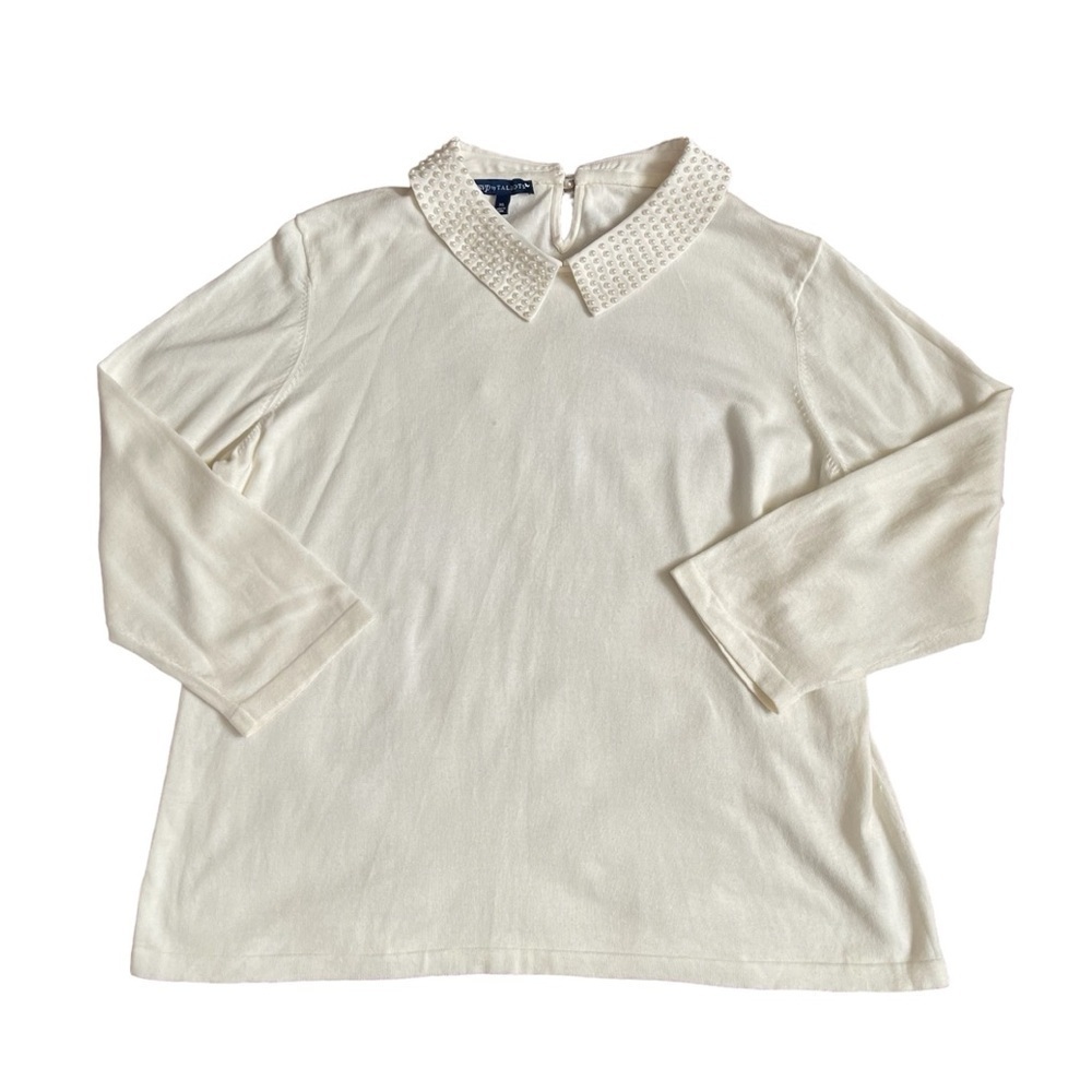 Talbots Cream Collared with Faux Pearls Knit Sweater US XL